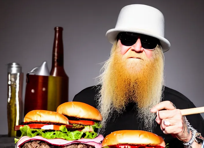 Prompt: photo still of billy gibbons of zz top!!!!!!!! at age 4 6 years old 4 6 years of age!!!!!!!! grilling hamburgers, 8 k, 8 5 mm f 1. 8, studio lighting, rim light, right side key light