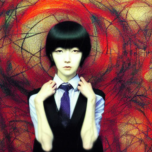 Image similar to yoshitaka amano blurred and dreamy realistic three quarter angle portrait of a young woman with short hair and black eyes wearing office suit with tie, junji ito abstract patterns in the background, satoshi kon anime, noisy film grain effect, highly detailed, renaissance oil painting, weird portrait angle, blurred lost edges