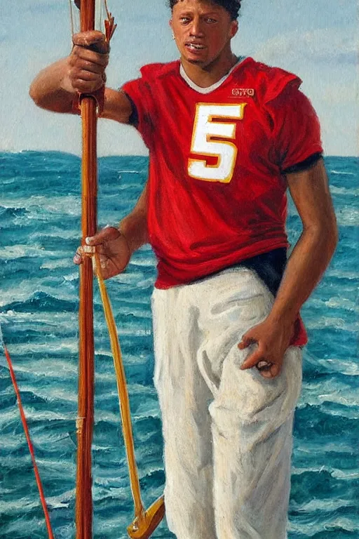 Image similar to patrick mahomes holding a whaling harpoon, the harpoon is sharp, he's on an old sailing boat, oil painting