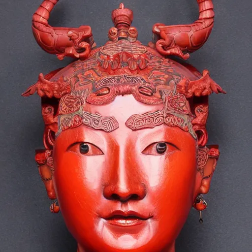 Prompt: museum angeline joile portrait statue monument made from chinese porcelain brush face hand painted with iron red dragons full - length very very detailed symmetrical well proportioned