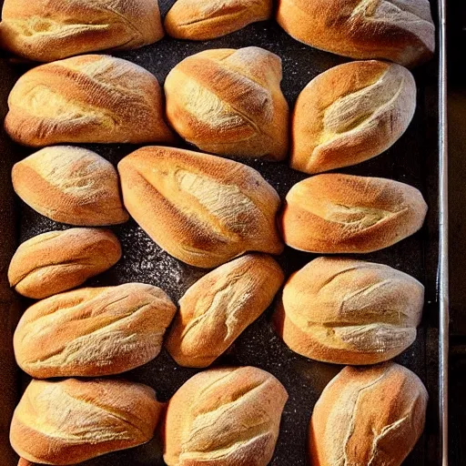 Prompt: bakers fighting bread that's trying to escape from the oven