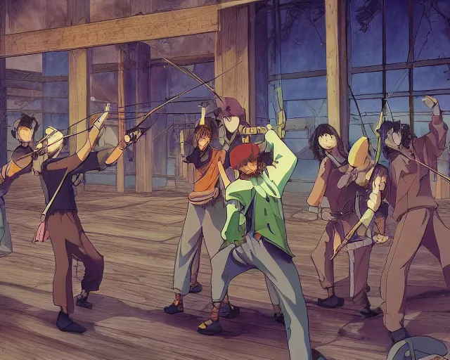 Image similar to cell shaded anime key visual of a group apprentice wizards training in an archery dojo in the style of studio ghibli, moebius, ayami kojima, makoto shinkai, dramatic lighting, clean lines