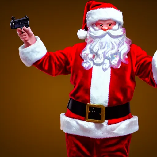 Prompt: hyper realistic santa holding a gun and pointing it at the viewer