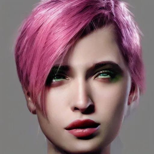 Image similar to portrait of a young woman with short pink spiky hair and dark eyes, 8 k, digital paint