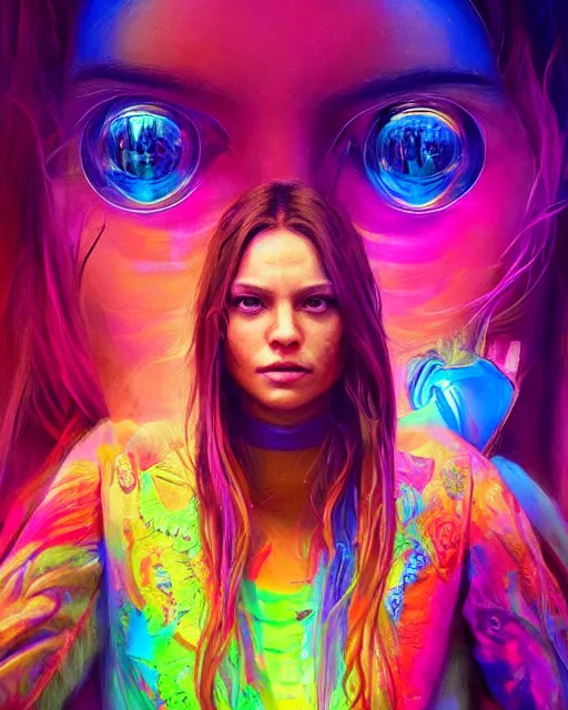 Image similar to colorful portrait of a hippie, set in the future 2 1 5 0 | highly detailed | very intricate | symmetrical | professional model | cinematic lighting | award - winning | painted by mandy jurgens and ross tran | pan futurism, dystopian, bold psychedelic colors, cyberpunk, groovy vibe, anime aesthestic | featured on artstation