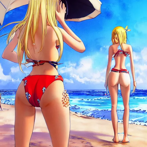 Image similar to anime visual of very cute girl from behind with long blonde hair, at the beach in one piece bathers, high detail, trending on artstation
