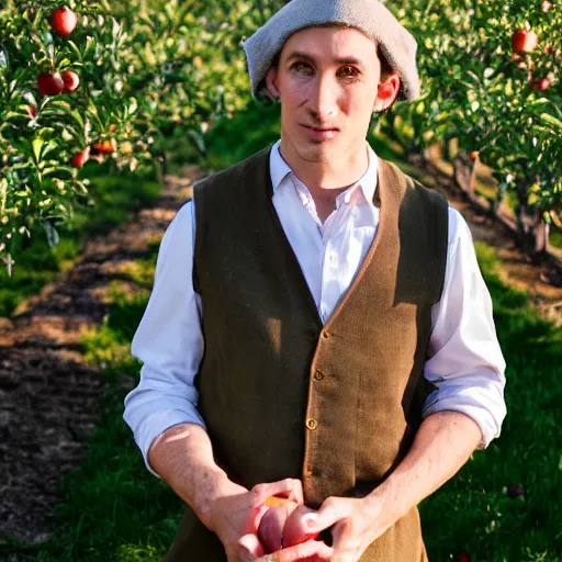 Prompt: portrait of an elf man, standing in an apple orchard, dressed well, very handsome