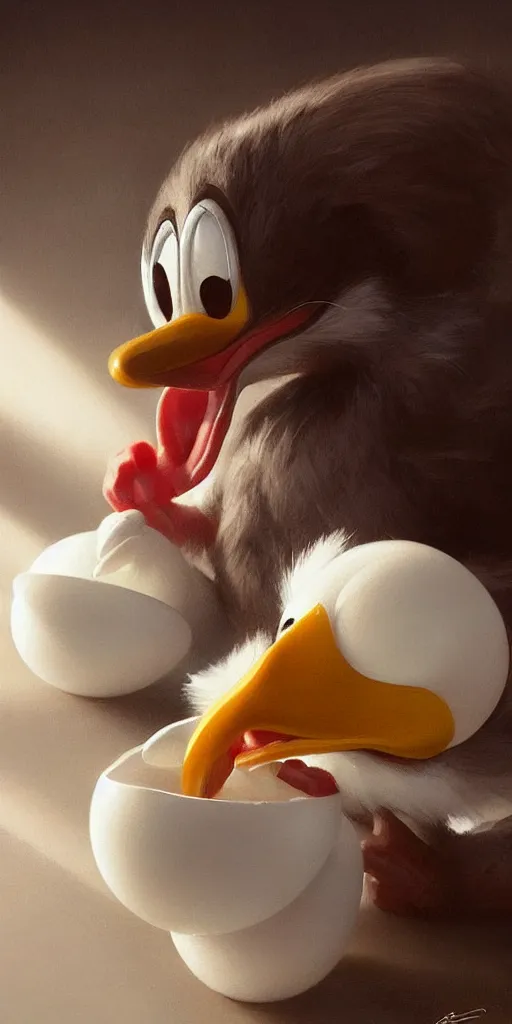 Image similar to realistic photography of a terrified donald duck eating hard boiled eggs, deep focus, intricate, elegant, highly detailed, digital painting, artstation, concept art, matte, sharp focus, illustration, art by artgerm and greg rutkowski and alphonse mucha