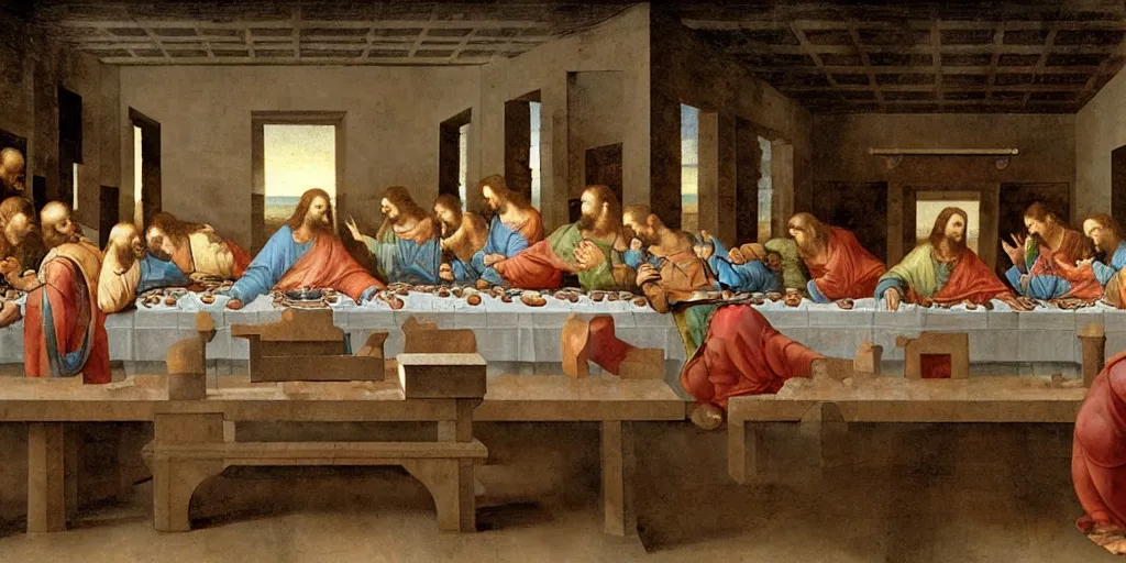 the last supper but with robots, by michelangelo, da | Stable 
