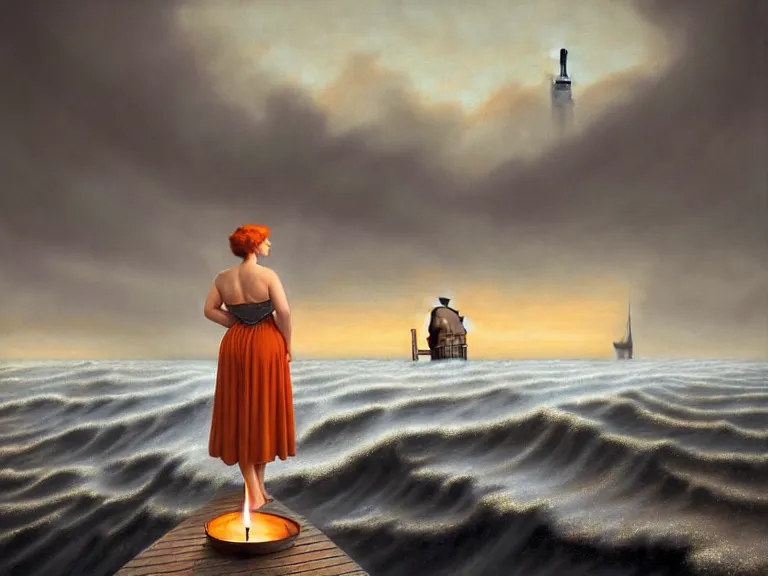 Prompt: a woman standing on a forgotten wharf on a cold sea by rob gonsalves and vladimir kush and roberto ferri and ruth deckard and alberto vargas and gil elvgren and harry ekman and george petty, crisp details, hyperrealism, high detail, high contrast, low light, grey mist, cobblestones, orange candle flames