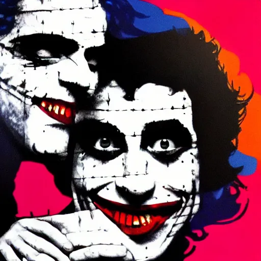 Prompt: mimmo rottela and banksy as joaquin phoenix skinny joker holding hand lady gaga harley queen, photorealistic, intricate details, pop art style, concept art, confident, love, random object movement, 3 colours, 8 0 0, warm color, 4 k, ultra smooth, sharp focus