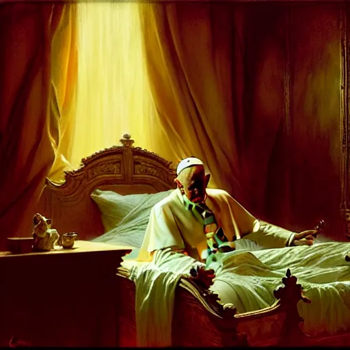 Image similar to the pope is in his bed, sweating, nervous and terrified, because a double horned shadow demon from hell lurks in the wall of the bedroom. highly detailed painting by gaston bussiere, j. c. leyendecker, greg rutkowski, craig mullins 8 k