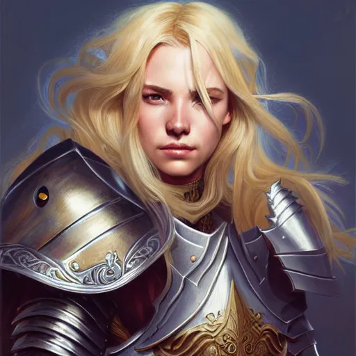 Prompt: Portrait of a female Paladin with blonde hair wearing a heavy knight armor, face, fantasy, intricate, elegant, highly detailed, digital painting, artstation, concept art, smooth, sharp focus, illustration, art by Wei Fan and Fernanda Suarez and Artem Demura and alphonse mucha