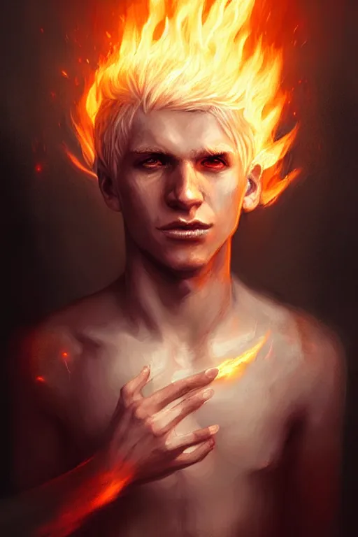 Image similar to character art by bastien lecouffe - deharme, young man, blonde hair, on fire, fire powers