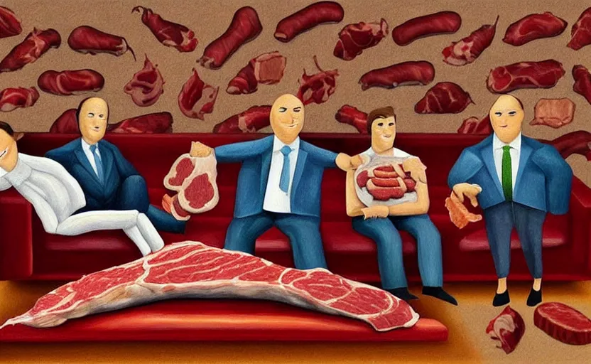 Image similar to realistic painting of couch made out of meat, business men sitting on couch made out of meat and talking, meat couch, meat couch,