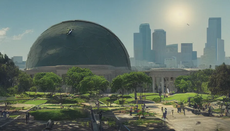 Prompt: giant green museum dome built in los angeles with parks, bench and water with city of los angeles very far away in the background, sunny day, hyperdetailed, artstation, cgsociety, 8 k