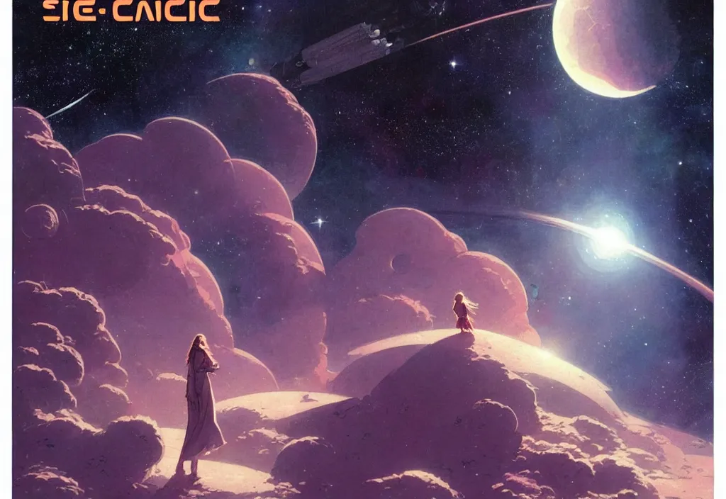 Image similar to illustrated by moebius and greg rutkowski, romantic!!! space scene!! with standing young girl!!!!, orbit of earth!, futuristic orbital station!!!!, nebulae!!, starry sky!!, rule of third!!!!, vintage cover of sci - fi magazine, cinematic!!