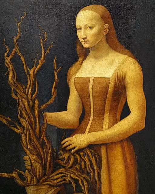 Image similar to a oil painting of lady with an groot, by leonardo da vinci.