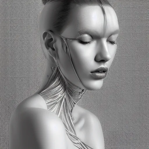 Prompt: closeup portrait of an absurdly beautiful, graceful, sophisticated, fashionable cyberpunk mechanoid gravure idol, an ultrafine hyperdetailed illustration by irakli nadar, matt wisniewski style, fashion photography, intricate linework, porcelain skin, jellyfish headdress, unreal engine 5 highly rendered, global illumination, radiant light, detailed and intricate environment