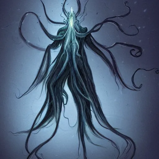 Image similar to concept designs for an ethereal wraith like figure made from dark wispy shadows with a squid like parasite latched onto its head and long tentacle arms that flow lazily but gracefully at its sides like a cloak while it floats around a frozen rocky tundra in the snow searching for lost souls and that hides amongst the shadows in the trees, this character has hydrokinesis and electrokinesis for the resident evil village video game franchise with inspiration from the franchise Bloodborne and the mind flayer from stranger things on netflix in the style of a marvel comic