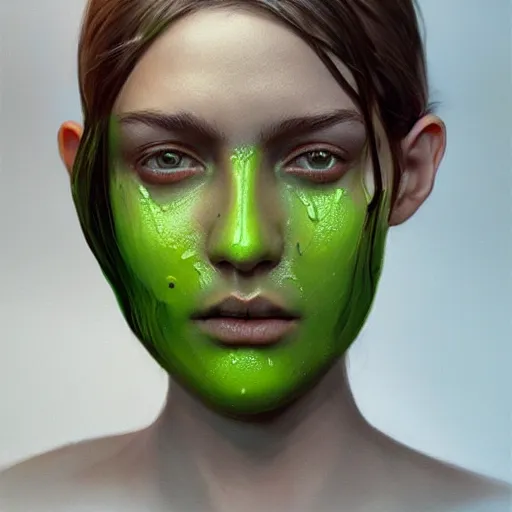 Image similar to face with green goo on it hyperrealistic portrait, photo realistic, poster, artstation, volumetric lighting, digital art, very detailed face by magali villeneuve