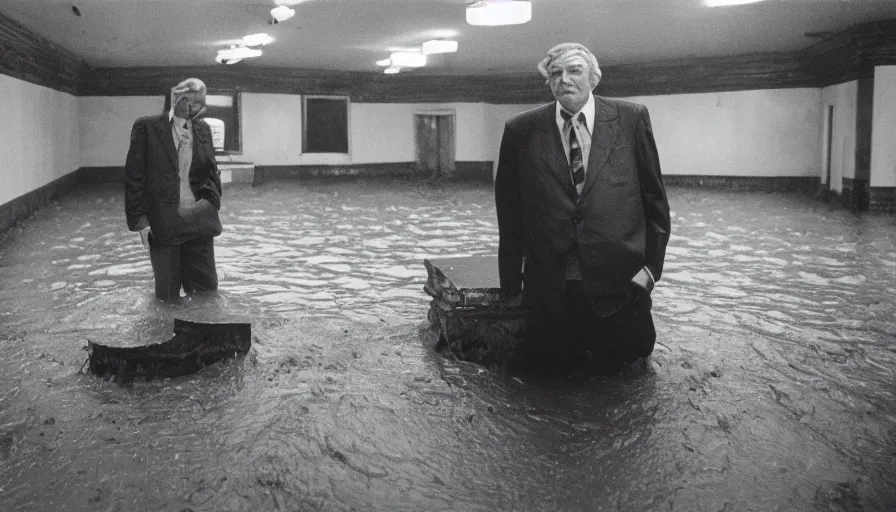 Image similar to 7 0 s movie still of an old man standing in a soviet ballroom flooded in mud, cinestill 8 0 0 t 3 5 mm, heavy grain, high quality, high detail