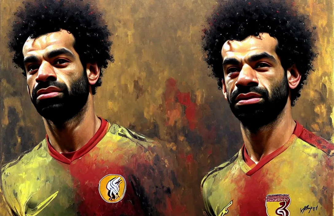 Image similar to portrait of mohamed salah!!!!!!!!!!!!!!!!!!!!!!!!!!!, detailed face, detailed painting,, epic lighting, by ilya repin, phil hale and kent williams