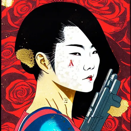 Prompt: portrait of japanese woman :: side profile :: in ocean :: guns metallic details :: gold :: blood and roses :: by MARVEL comics and Sandra Chevrier