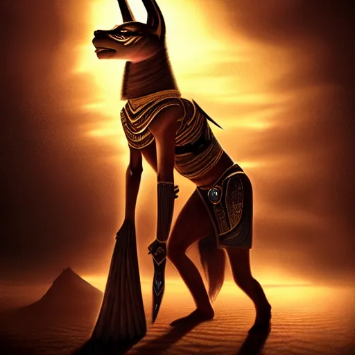 Image similar to majestic gracious regal female anubis warrior portrait, ancient egypt, atmospheric lighting, painted, menacing, intricate, volumetric lighting, beautiful, rich deep colours masterpiece, golden hour, golden ratio, sharp focus, ultra detailed, by leesha hannigan, ross tran, thierry doizon, kai carpenter, ignacio fernandez rios