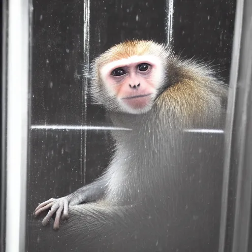 Image similar to capuchin monkey sleeping in train compartment room, rainy window, night time, night, midnight, 3 0 mm photo