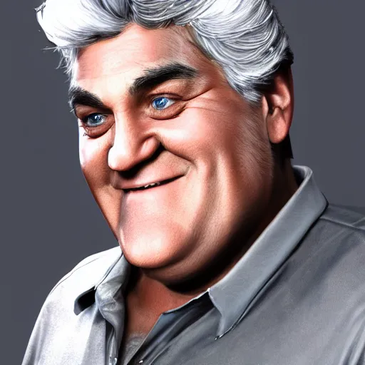 Prompt: an fantasy art of jay leno with very very very gray! and oily! skin and very very black eyes, professional art, volumetric lighting, unreal engine 5, very detailed art, jay leno with gray skin