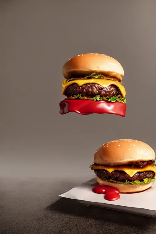 Prompt: mcdonalds hamburger covered in blood with a bite taken out, commercial photography