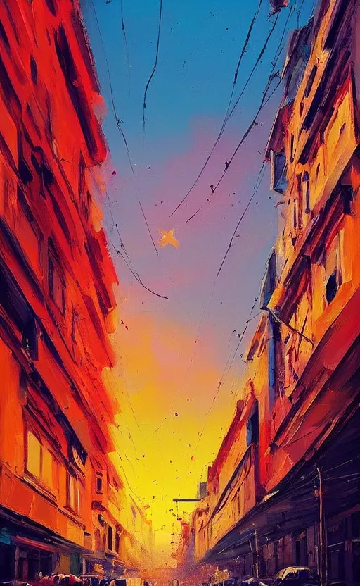 Image similar to a beautiful illustration of sofia bulgaria at sunset, art of alena aenami, featured on artstation, vertical orientation, paint brush strokes, expressionism, brushstroke - laden, breathtaking clouds, traffic lights, wet concrete, beauttiful stars, cables, long exposure, gigantic sun, airy theme, red purple gradient, lens flare