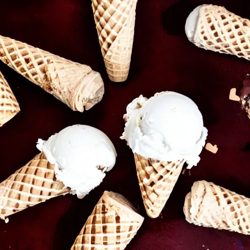 Prompt: a photo of the victim, riddled with deadly ice cream cones.