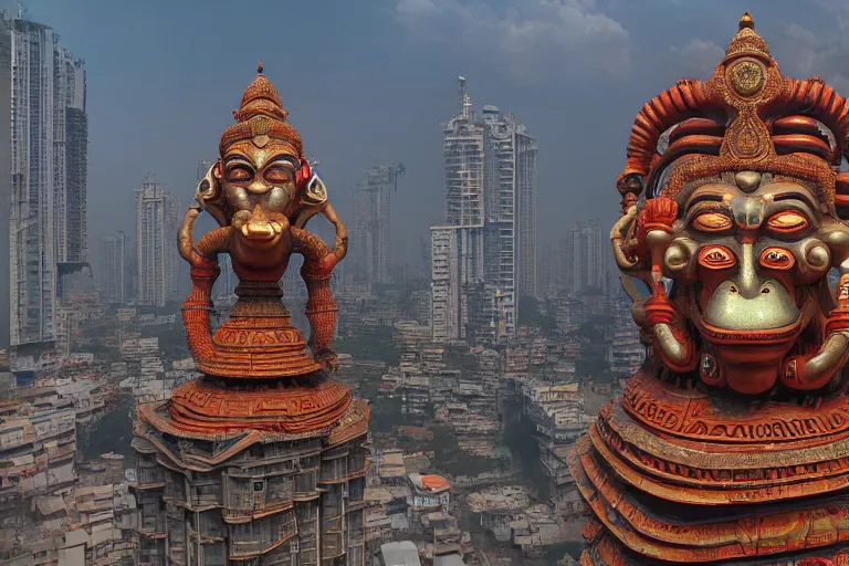 Image similar to high quality 3 d cyberpunk biomorphic hanuman head building in the middle of mumbai!!, beautiful kalighat highly detailed, cinematic smooth, stephen shore & john j. park, soft morning light, wide shot, high angle, uhd 8 k, deep focus