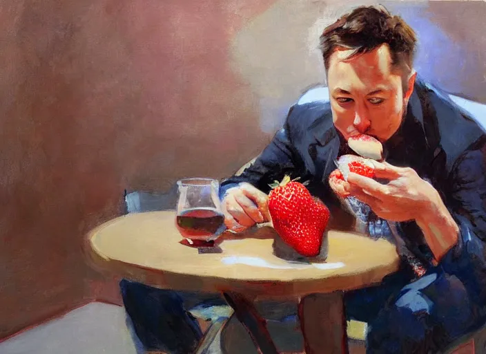 Image similar to a highly detailed beautiful portrait of elon musk eating strawberry, by gregory manchess, james gurney, james jean