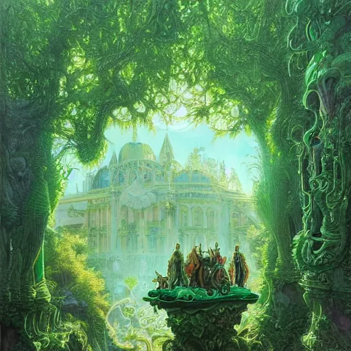 Prompt: a detailed oil painting by michael whelan and donato giancola of an intricate, ornate palace made of green, polished semiprecious malachite marble and jade, hyper detailed, hd, artstation, beautiful sunrise lighting, surrounded by trees