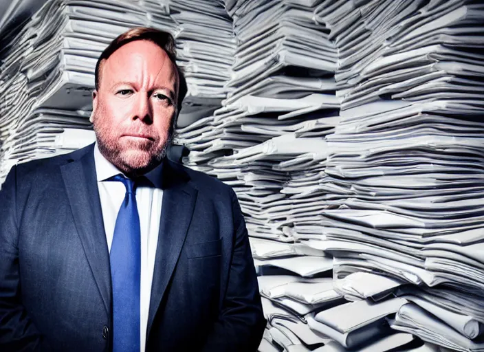 Image similar to dslr photo still of infowars host alex jones in a blue suit fat grey beard and mustache!!! sitting depressed!!! in a room filled to the ceiling with cell phones stacks of cell phones cell phones stacks cell phones filling the entire room, 5 2 mm f 5. 6