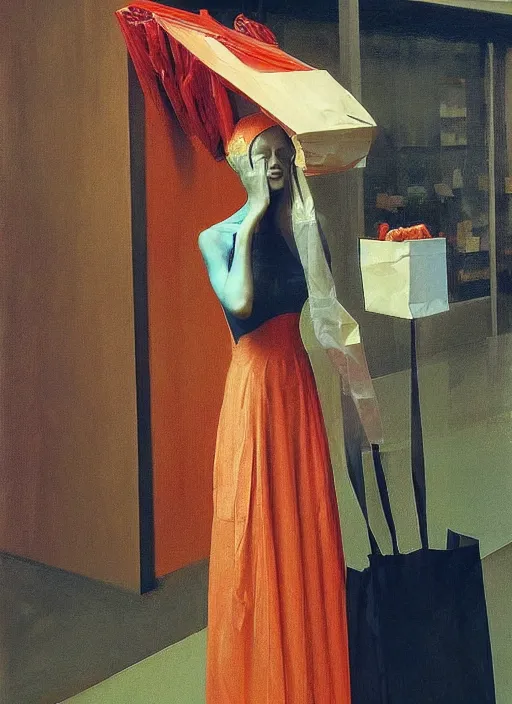 Image similar to woman in dress made from plastic bag with paper bags for clothes standing inside paper bags with paper bag over the head at store display Edward Hopper and James Gilleard, Zdzislaw Beksinski, highly detailed