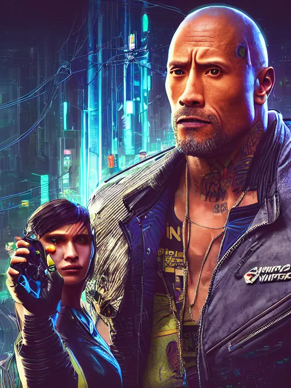 Image similar to a cyberpunk 2077 portrait of Dwayne Johnson holding a female android,complex mess of cables and wires behind them connected to giant computer,film lighting,by laurie greasley,Lawrence Alma-Tadema,William Morris,Dan Mumford, trending on atrstation,full of color,face enhance,sharp focus,highly detailed,8K, octane,golden ratio,cinematic lighting