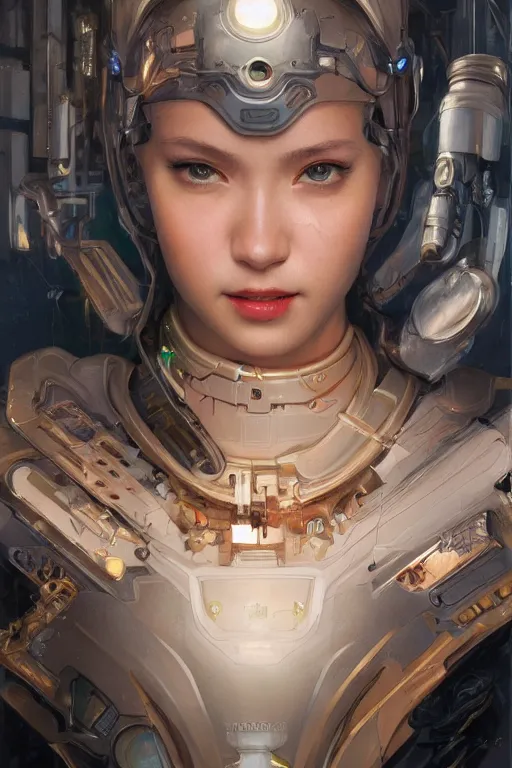 Prompt: Portrait of beautiful smiling Ultra realistic illustration, beautiful alluring happy girl cyborg, cyberpunk, sci-fi, fantasy, intricate, elegant, highly detailed, digital painting, artstation, concept art, smooth, sharp focus, illustration, art by Yintion J , Jiang Geping and artgerm and greg rutkowski and alphonse mucha.