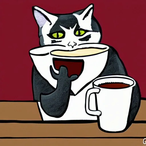 Prompt: A cat sipping coffee, cartoon