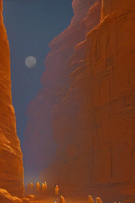 Image similar to monks walking through canyon to ancient yellow glowing temple, city of petra, light streaks in the sky, moon, dramatic lighting, artstation, matte painting, ralph mcquarrie, simon stalenhag