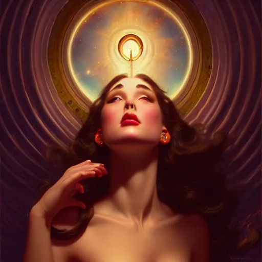 Image similar to eye of the dreaming worlds, medium shot, intricate, ornate, elegant, highly detailed, digital painting, volumetric light,, artstation, concept art, smooth, sharp focus, illustration, art by Gil elvgren and charlie bowater and greg rutkowski and alphonse mucha