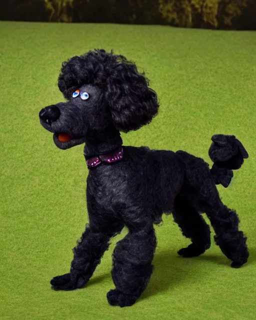 Image similar to a black poodle dog as a muppet playing fetch. highly detailed felt. hyper real photo. 4 k.