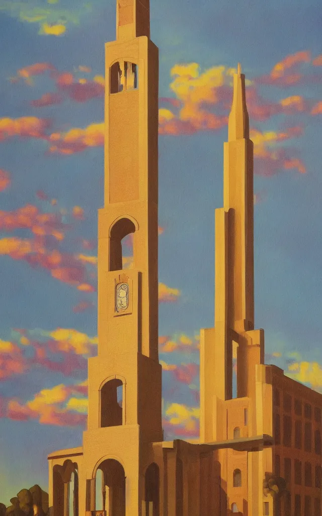 Image similar to a painting of Coughlin Campanile in Brookings South Dakota, golden hour, an art deco painting by Grant Wood, featured on behance, american scene painting, movie poster, poster art, concert poster