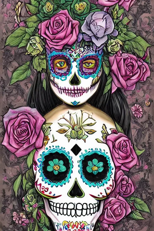 Prompt: illustration of a sugar skull day of the dead girl, art by kenneth rocafort
