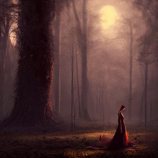 Prompt: a realistic woman with a long dress standing in a moonlit forest, beautiful woman, digital art, by Greg Rutkowski, volumetrics, dark fantasy, 4k, trending on artstation