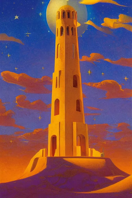 Image similar to glorious painted belltower of the sun and the lost stars, by Sylvain Sarrailh and Nicholas Roerich and jean delville and Maxfield Parrish, dramatic cinematic lighting , beautiful garden, ornate architecture, smooth, sharp focus, extremely detailed