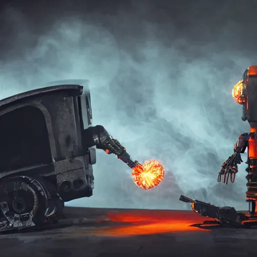 Image similar to toaster oven terminator robot, dark messy smoke - filled cluttered workshop, dark, dramatic lighting, orange tint, sparks, cinematic, highly detailed, sci - fi, futuristic, movie still